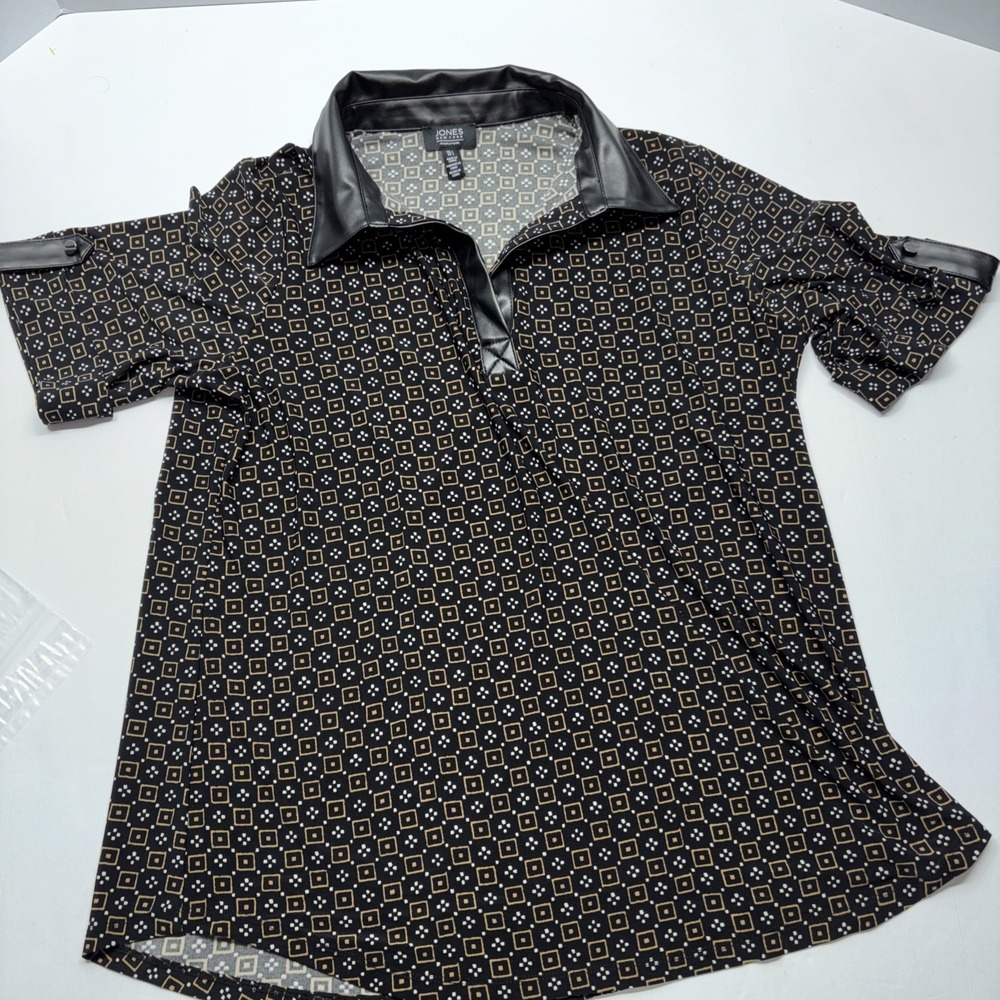 NWT Jones New York Women's Sm Print Black Faux Leather Knit Tunic Top Blouse